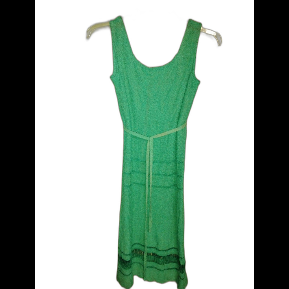 Small '70' "Lana" woven beach tank dress green with tie belt . SxS12"P2P14"L40"